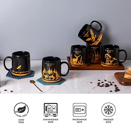 AmorArc 18oz Large Coffee Mugs Set of 6, Ceramic Coffee Mugs with Animal Wildlife Textured Patterns for Tea Latte Cocoa. Easy to Hold&Clean, Dishwasher&Microwave Safe, Matt Black - color: Matte Black