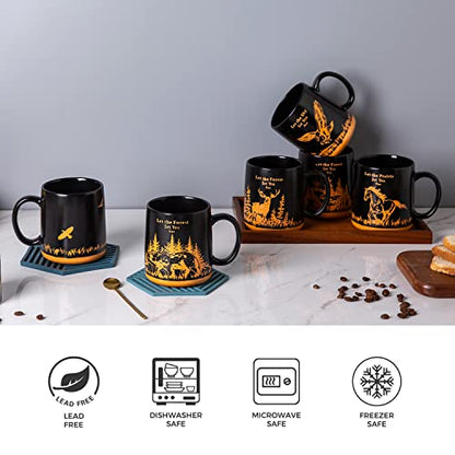 AmorArc 18oz Large Coffee Mugs Set of 6, Ceramic Coffee Mugs with Animal Wildlife Textured Patterns for Tea Latte Cocoa. Easy to Hold&Clean, Dishwasher&Microwave Safe, Matt Black - color: Matte Black