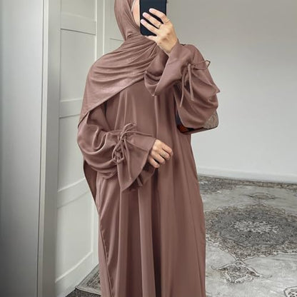ABEWIP Muslim Dresses for Women Long Sleeve Tie Cuffs Islamic Prayer Dress Abaya Kaftan Dubai Casual Dress - color: Khaki, size: X-Large