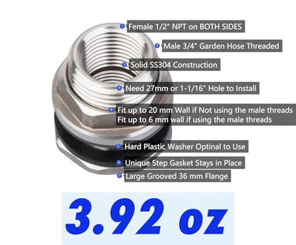 SSBF020 Stainless Steel 304 Bulkhead Tank Fitting (Double Female 1/2” NPT/FIP and Male 3/4" MHT Garden Hose Threaded, w/Step Gasket) (1)
