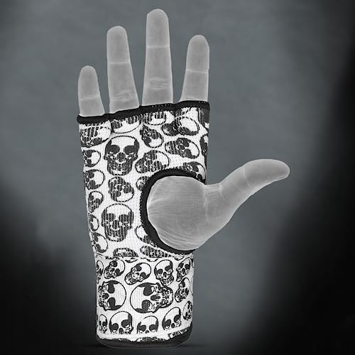 DEFY Padded Inner Gloves Quick 75cm Long Strap – Inner Boxing Gloves Gel Padded Knuckle Protection – Elasticated Boxing Hand Wraps for MMA Muay Thai Kickboxing Martial Arts Pair - color: Skulls, size: X-Large