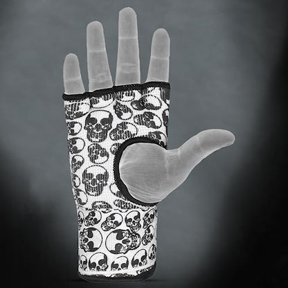 DEFY Padded Inner Gloves Quick 75cm Long Strap – Inner Boxing Gloves Gel Padded Knuckle Protection – Elasticated Boxing Hand Wraps for MMA Muay Thai Kickboxing Martial Arts Pair - color: Skulls, size: X-Large