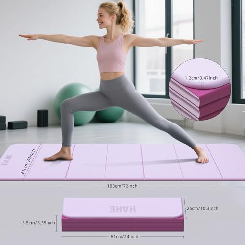 HAHE 7-Fold Design Extra Thick Yoga Mat 72"L x 24"W x 0.47",TPE Fitness Exercise Mats, Non-Slip Foldable Yoga Mat, High Density, Portable for Men & Women, Yoga, Pilates, Home Gym - color: Deep Pink & Light Pink