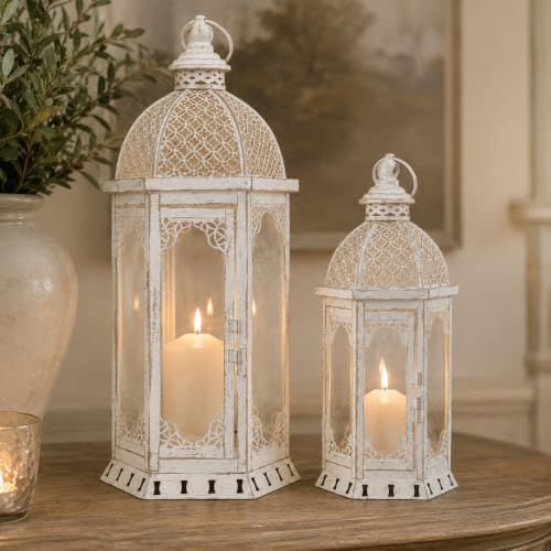 JHY DESIGN Set of 2 Decorative Candle Lanterns 22"&17" H Outdoor Vintage Metal Candle Holder for Garden Living Room Indoor Parties Weddings Patio Home Decor(White with Gold Brush) - color: 22"&17"H White with Gold Brush