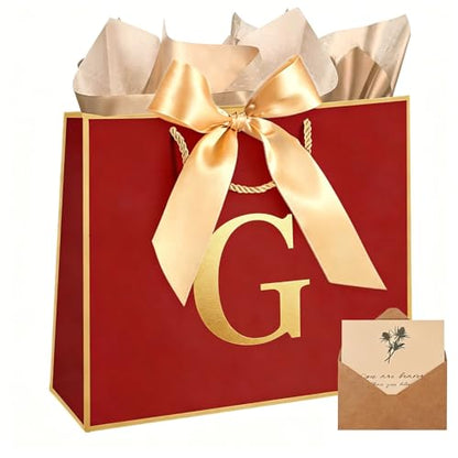 Topaliving Personalized Gift Bag with Card and Tissue Paper, 26 Letters Birthday Gift Bag 13'' Custom Valentines Weddings Present with Initials/Numbers for Women Men Kids (Red,G) - color: Red, size: G