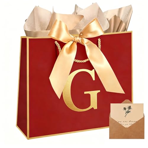 Topaliving Personalized Gift Bag with Card and Tissue Paper, 26 Letters Birthday Gift Bag 13'' Custom Valentines Weddings Present with Initials/Numbers for Women Men Kids (Red,G) - color: Red, size: G