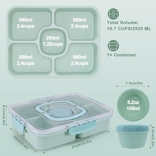 Large Snackle Box Container with Dip Container, 5 Compartments Snack Container with Lid and Handle, Veggie Fruit Divided Serving Tray for Party, Picnic, Dishwasher Safe, BPA-Free - color: Green