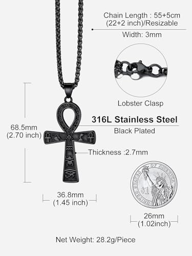 Richsteel Stainless Steel/Gold/Black Plated Ankh Cross Pendant Necklace for Men Women with Wheat Chain Religious Jewelry(with Gift Box) - color: 01-Black Hieroglyphs