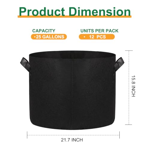 12-Pack 25 Gallon Grow Bags, 300G Thickened Nonwoven Garden Pots,Heavy Duty Fabric Pots with Reinforced Handles - size: 25 Gallons