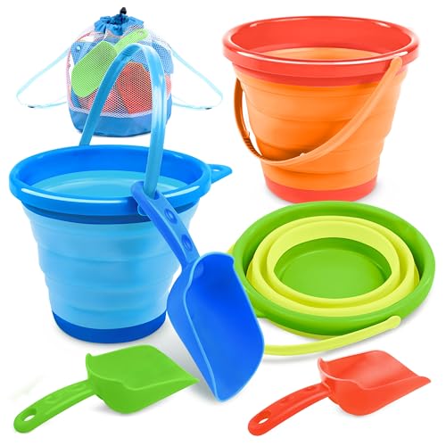 JOYIN 3 Packs Foldable Pail Bucket with Shovels & Mesh Bag, Collapsible Buckets Multi Purpose for Beach, Camping Gear, Beach Party, Fishing, and Fun Summer Activities (Orange/Blue/Green) - color: Orange/Blue/Green