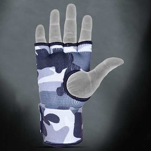 DEFY Padded Inner Gloves Quick 75cm Long Strap – Inner Boxing Gloves Gel Padded Knuckle Protection – Elasticated Boxing Hand Wraps for MMA Muay Thai Kickboxing Martial Arts Pair - color: White Camo, size: Small