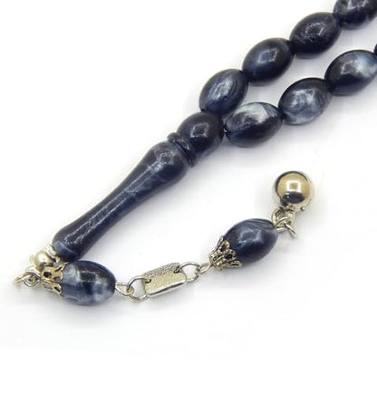 Perlin Muslim Prayer Beads 33 Bead Tasbih Islamic Misbaha Subha Dhikr Rosary with 12 x 8 mm Oval Beads Ottoman Style Prayer Necklace with Metal Tassel Handmade Islamic Gift 25 cm (Black White) - color: black white
