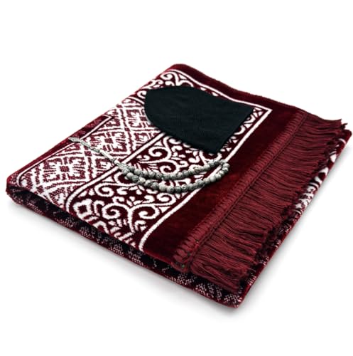 ESERRA Velvet Prayer Mat All in One Set for Islam - Thick Muslim Prayer Rug, Black Kufi Hat, Jasper Stone 33 Prayer Beads, Cotton Travel Case - Islamic Gifts (Red) - color: Red