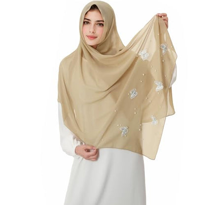 Muslim Prayer Hijab for Women Lightweight Pearl Chiffon Scarfs 3-D Butterfly Embroidery with Glitters Beads Islamic Hijab - color: Khaki