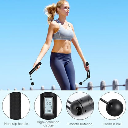 Skipping Rope with Counter, Cordless Jump Rope Smart Skipping Rope,Adjustable Digital Counting Jumps Ropes,2 In 1 Weighted Ropeless Skip-ping Ropes,Ropeless Jumpes Rope Jump Ro-pe for Lose Weight, Burn Calories