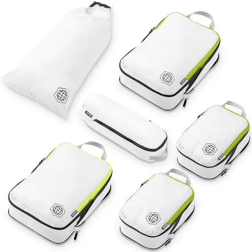 TRIPPED Travel Gear Compression Packing Cubes for Carry-On Travel 6-Pack - color: White and Green, size: 6 Piece