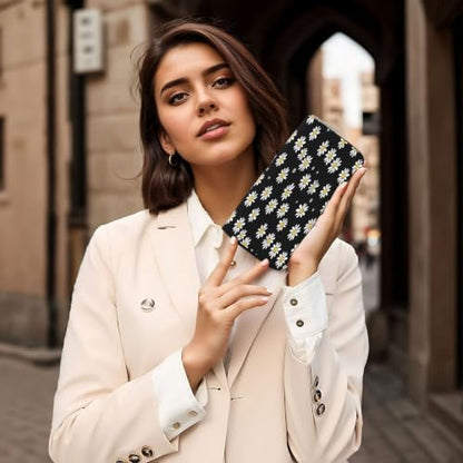 Chrysanthemum PU Leather Long Wallet for Women Men, Zipper Clutch Wallet RFID Card Holder Organizer - color: Chrysanthemum