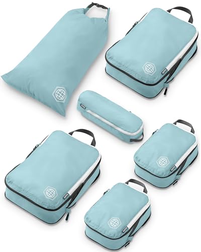 TRIPPED Travel Gear Compression Packing Cubes for Carry-On Travel 6-Pack - color: Dusty Teal and White, size: 6 Piece