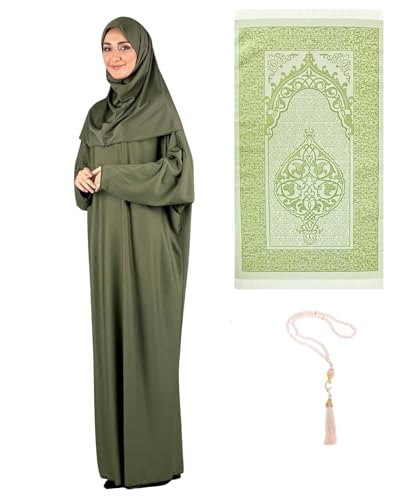 Prien Women Prayer Dress With Hijab Rug Tasbih Muslim Set Islamic Clothes Abaya Jilbab Dubai Kaftan For Eid Ramadan - color: Khaki