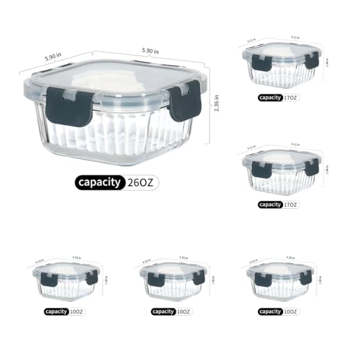 Glass Fluted Ombre grey Leak-Proof 6-Piece Set Food Storage Containers, Food Containers with Lids, Meal Prep Containers. (Square) - size: Square