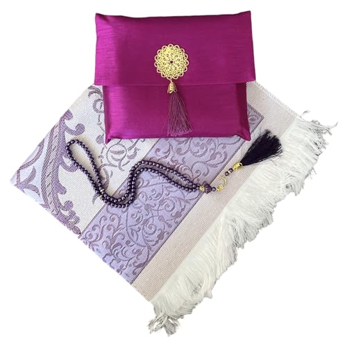 Muslim Prayer Rug and Beads with Elegant Slub Fabric Bag | Janamaz | Sajadah | Soft Islamic Prayer Rug | Islamic & Mawlid Gifts | Prayer Carpet Mat, Taffeta Fabric (Purple, 1 Sets) - color: Purple, size: 1 Sets