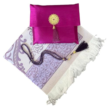 Muslim Prayer Rug and Beads with Elegant Slub Fabric Bag | Janamaz | Sajadah | Soft Islamic Prayer Rug | Islamic & Mawlid Gifts | Prayer Carpet Mat, Taffeta Fabric (Purple, 20 Sets) - color: Purple, size: 20 Sets