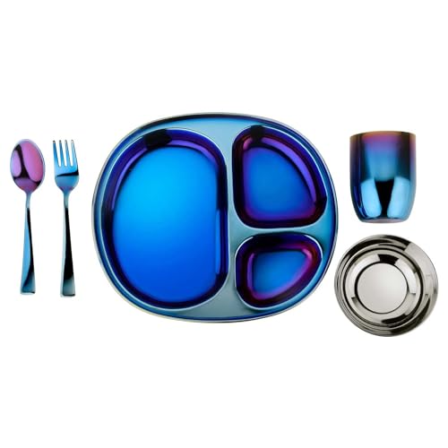 Ahimsa Stainless Steel Kids Dinnerware Set, Iridescent Blue, 5-Piece Set - color: Iridescent Blue / 5 Piece Set