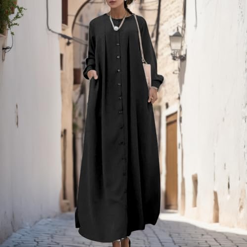 Muslim Dresses for Women Long Sleeve Muslim Prayer Dress Loose Button Down Tunic Flowy Maxi Dress Summer Clothes - color: Black, size: 3X-Large