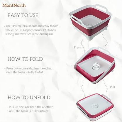 Collapsible Wash Basin 9L, Foldable Dish Tub with Drain Plug, Portable Collapsible Dish Basin, Camping Sink for Washing Dishes, Laundry & Kitchen Use (Viva Magenta) - color: Viva Magenta - Set of 1