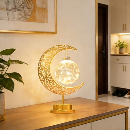 Moon Lamp with Hanging Globe, Decorative Crescent Moon Table Lamp Battery Powered, Retro Metal Islamic Decor LED Night Light for Bedroom Living Room, Gift for Women Birthday Christmas Boho Home Decor - style: Battery Powered Moon Lamp Ball