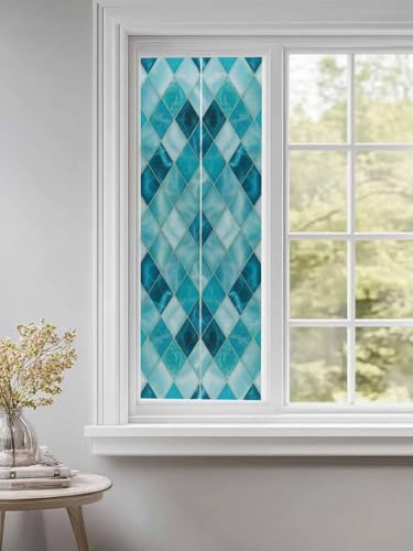 Window Privacy Film Teal Blue Diamond Window Clings for Glass Windows Modern Geometric Lines Windows Film Static Cling Frosted Windows Sticker Covering for Bathroom Living Room Office 23.6"x59" - size: 23.6"x59"