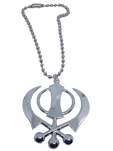 BEXCO Sikh Khanda Sahib Metal Car Hanging Rear View Mirror Show Piece - Complete with Chain (8 cm, Silver) - color: Silver, size: 8 cm