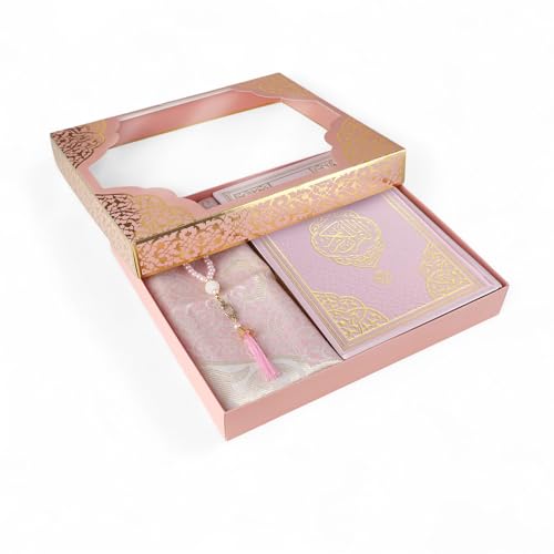 FURKAN Thermo Leather Quran Pink, Prayer Rug and Prayer Beads, Zuhre Gift Box - Pink - color: Pink