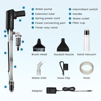 hygger Battery Powered Aquarium Vacuum Gravel Cleaner, 6 in 1 Automatic Fish Tank Vacuum Handle Control, Powerful Gravel Vacuum for Aquarium, Water Changer Sand Washer Water Filter Adjustable Length
