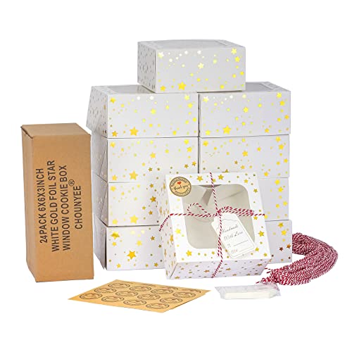 24 Pack 6X6X3 Christmas Cookie Boxes for Gift Giving Gold Foil Star White Bakery Boxes with Window 6 Inch Small Treat Boxes for Mini Cake Pastry Dessert Cupcakes Candy Donut Packaging - color: Gold Star-White