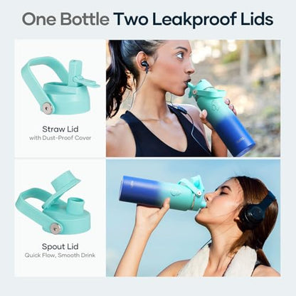 BUZIO 24 oz Insulated Water Bottle, Stainless Steel Wide Mouth Water Flask with Straw Lid, Cold for 48 Hrs Leak Proof Metal Hydro Thermo Canteen Mug, Caribbean Blue - color: Caribbean Blue, size: 24 Ounces
