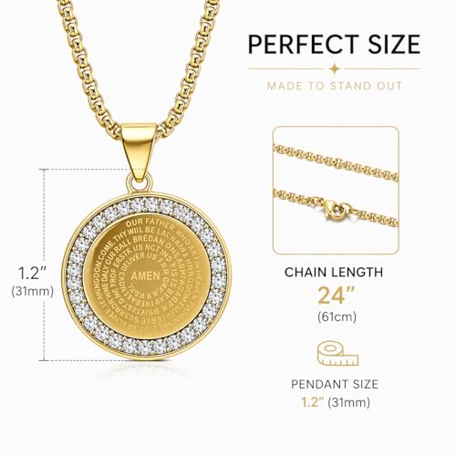 Steeltime Stainless Steel Lords Prayer Necklace with Simulated Diamonds - color: Gold, style: Reversible Round Pendant