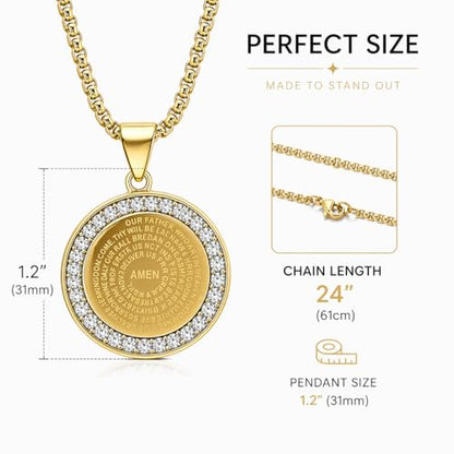 Steeltime Stainless Steel Lords Prayer Necklace with Simulated Diamonds - color: Gold, style: Reversible Round Pendant