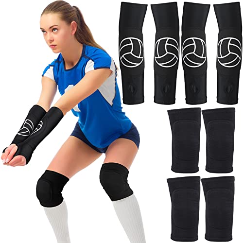 Hungdao 2 Set Volleyball Knee Pad and Arm Sleeve Volleyball Accessories Stuff Forearm Elbow Sleeve Wrist Guard with Protection Pad and Thumb Hole for Women Men Adult - color: Classic