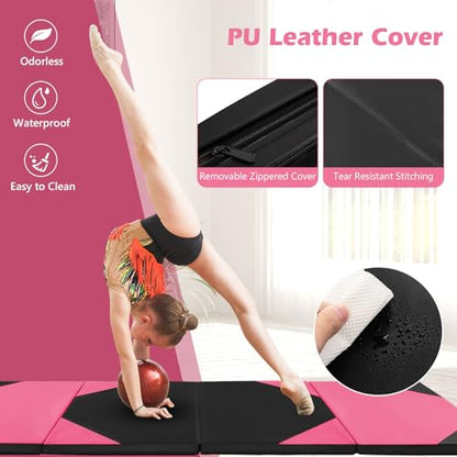 Goplus Folding Gymnastics Mat, 10’ x 4’ x 2’’ Thick Tumbling Mats with PU Leather, Hook & Loop Fasteners, Portable Handles, 4-Panel Exercise Mat for Home Gym Workouts, Yoga - color: Black+Rose