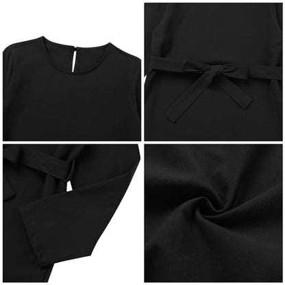 IDOPIP Women's Muslim Abaya Dress 2 Pieces Set Long Sleeve Button Down Shirt and Pants Casual Arabic Islamic Dubai Outfits - color: Black + Belt, size: 4X-Large