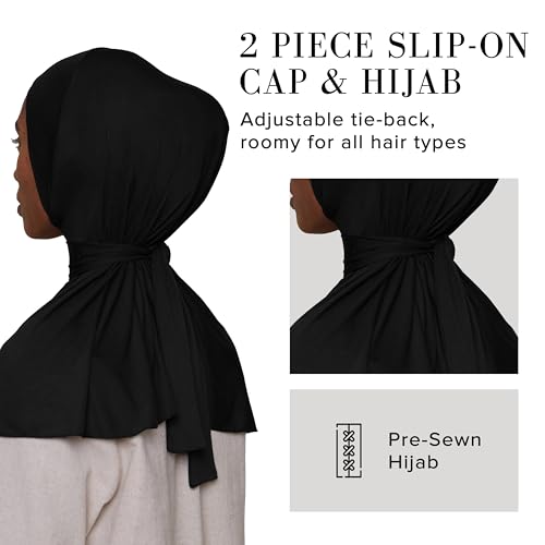Slip-on Instant Premium Jersey Hijab with Undercap - Buttery Soft, Lightweight Hijab with Innovative Tie-Back Design - color: Black