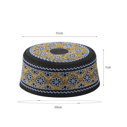 Muslim Prayer Kufi Hat Men Islam Skull Embroidery Cap Beanie Hat Arabian Omani Turkish Prayer Headwear Eid Gift - color: Blue Flower