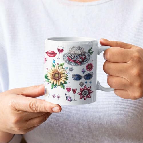 Customized Name White Coffee Mug, Personalized Women's Day Ceramic Cup, Sparkling Hat With Sunflowers And Butterflies Mug, Custom Full Wrap Mug 11oz 15oz, Gift For Women On Holiday - color: XUA-1124-3662-Women's Day Mug