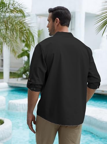 Zaitun Mens Cotton Linen Shirts Casual Buttons Down Roll-Up Sleeve Shirt Summer Chinese Style T-Shirts - color: Black, size: X-Large