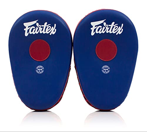 Fairtex FMV13 Maximized Focus Mitts, Muay Thai Kickboxing MMA Punching Pads | Premium Syntek leather shell with multi-layer foam. Curved shape with hook-and-loop wrist strap absorbs trainer strike impact - color: Blue/Red