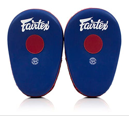 Fairtex FMV13 Maximized Focus Mitts, Muay Thai Kickboxing MMA Punching Pads | Premium Syntek leather shell with multi-layer foam. Curved shape with hook-and-loop wrist strap absorbs trainer strike impact - color: Blue/Red