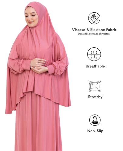Prien Soft Prayer Dress For Women, Muslim Abaya Hijab Set, Long Turkish Cotton Praying Outfit, Islamic Clothes For Ramadan - color: Dusty Rose