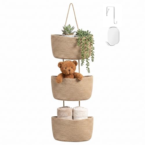 3-Tier Woven Cotton Rope Hanging Basket, Over the Door Organizer, Adjustable Detachable Wall Basket with Metal & Adhesive Hooks, No Drilling for Bedroom, Closet, Entryway & Home Decor - style: Jute