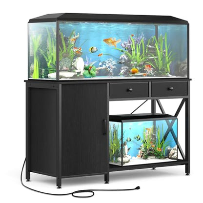 55-75 Gallon Aquarium Stand with Cabinet Drawer, Power Outlet,Black | Fish Tank Stand,Heavy Duty Metal for Turtle Tank , Reptile Terrarium,Fits Office Home,48"x 19"MDF Tabletop,1200lbs Capacity - color: Blcak, size: 55-75 Gallon
